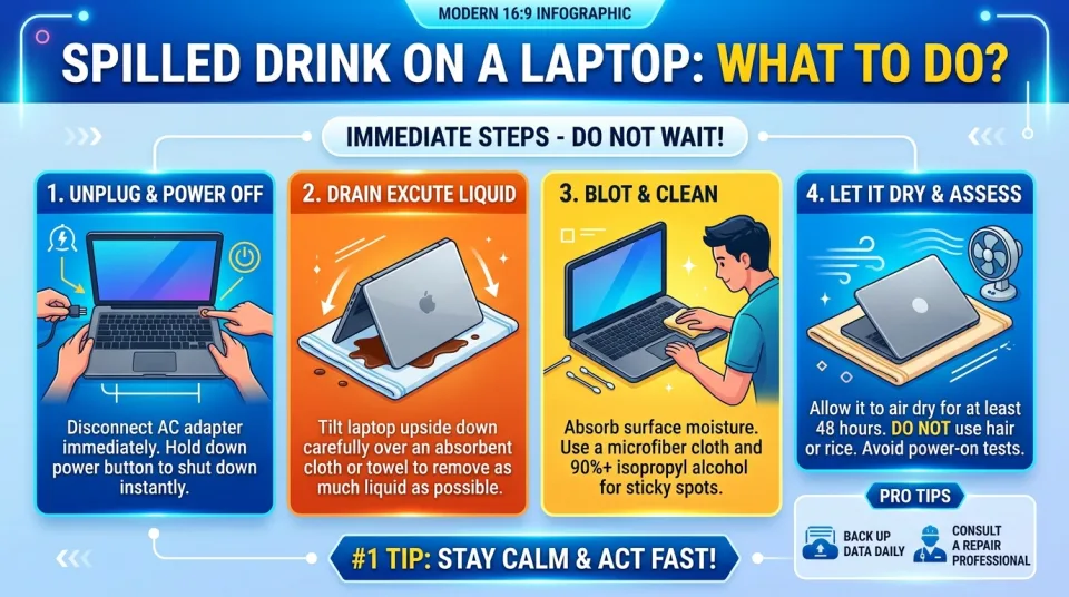 Spilled drink on a laptop: what to do?