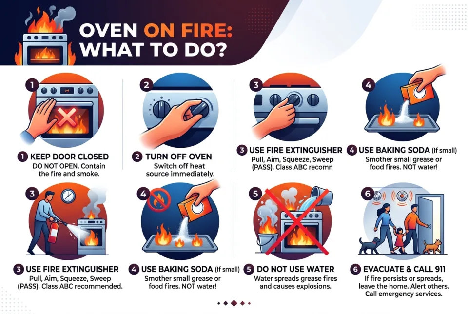 Oven on fire: what to do?