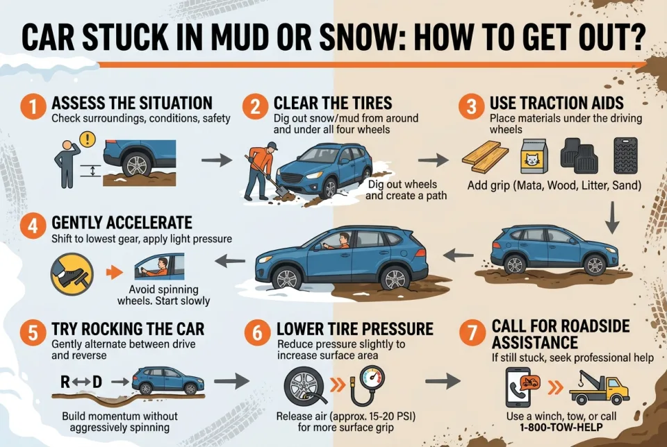 Car stuck in mud or snow: how to get out?