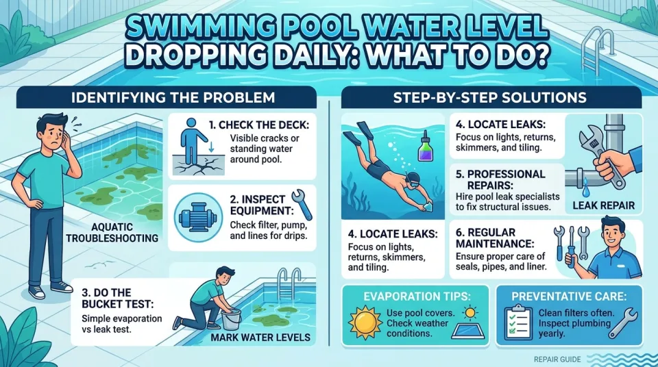 Swimming pool water level dropping daily: what to do?
