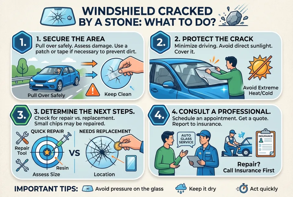 Windshield cracked by a stone: what to do?
