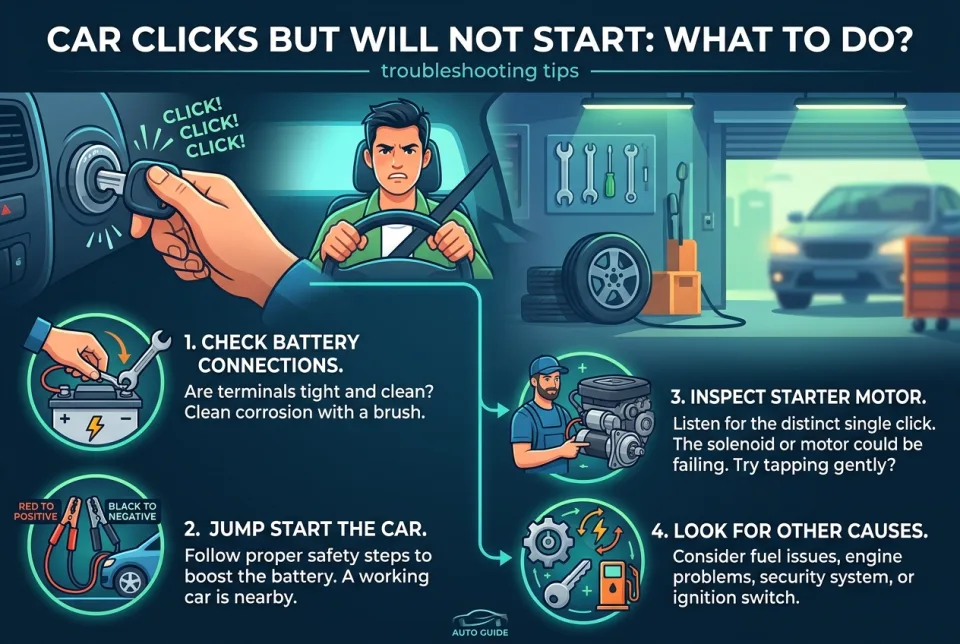 Car clicks but will not start: what to do?