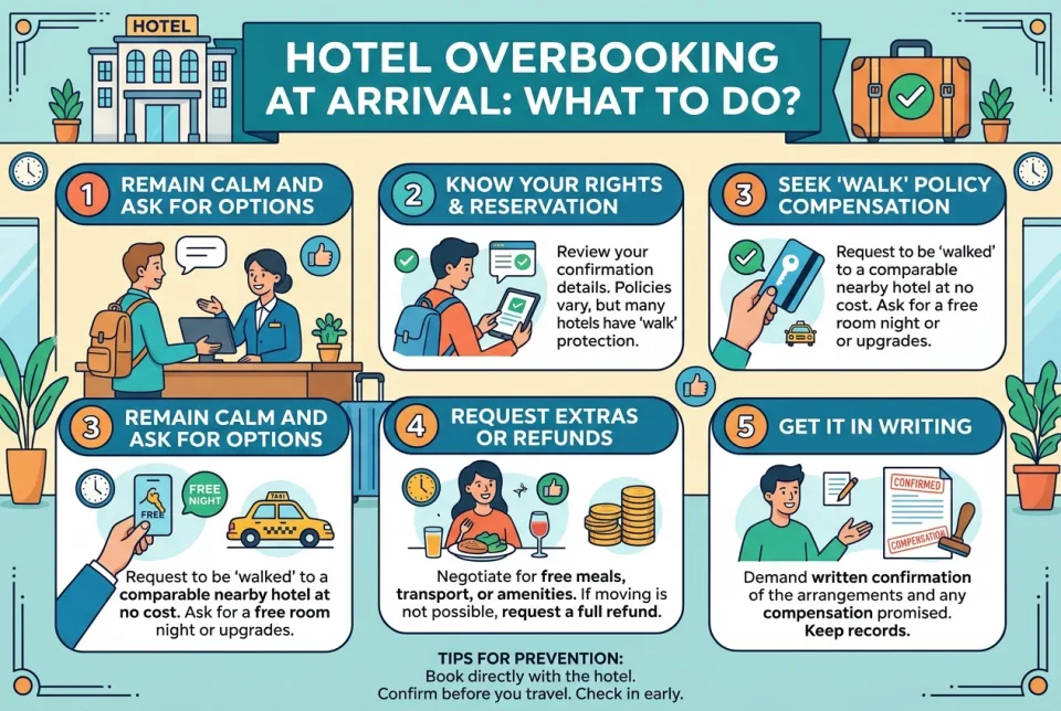 Hotel overbooking at arrival: what to do?