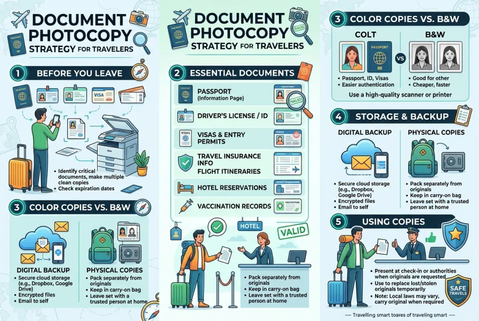 Document photocopy strategy for travelers