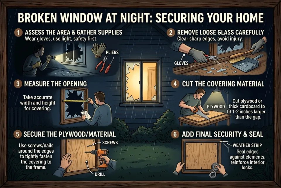 Broken window at night: securing your home