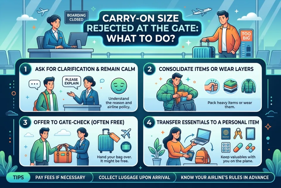 Carry-on size rejected at the gate: what to do?
