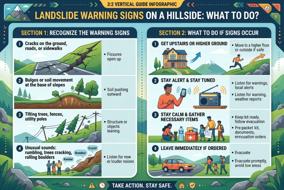 Landslide warning signs on a hillside: what to do?