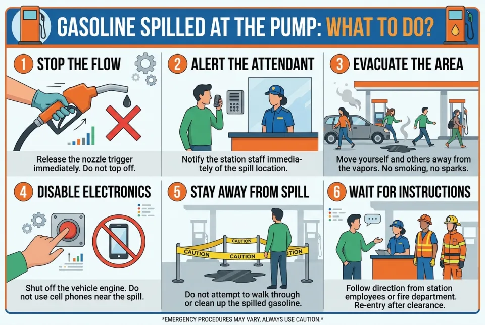 Gasoline spilled at the pump: what to do?