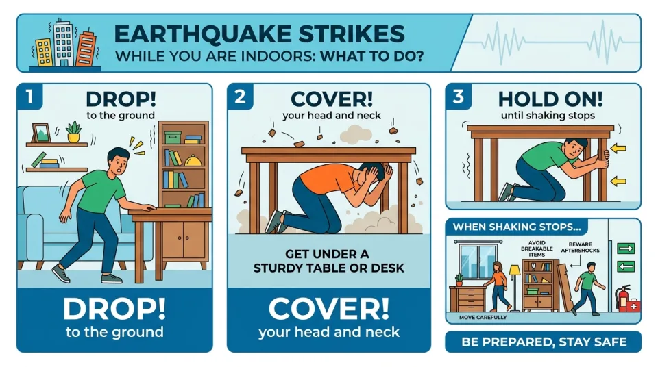 Earthquake strikes while you are indoors: what to do?