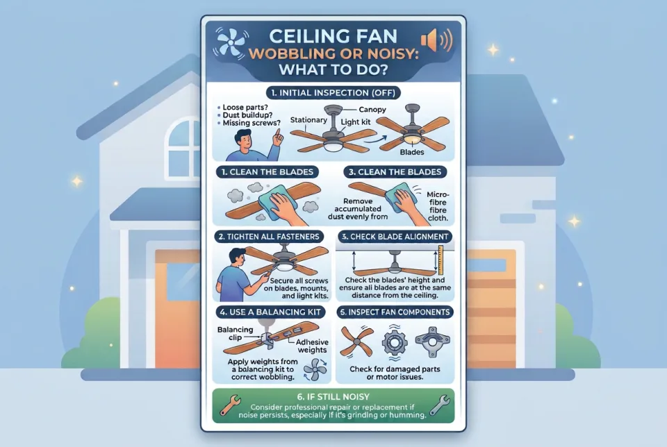 Ceiling fan wobbling or noisy: what to do?
