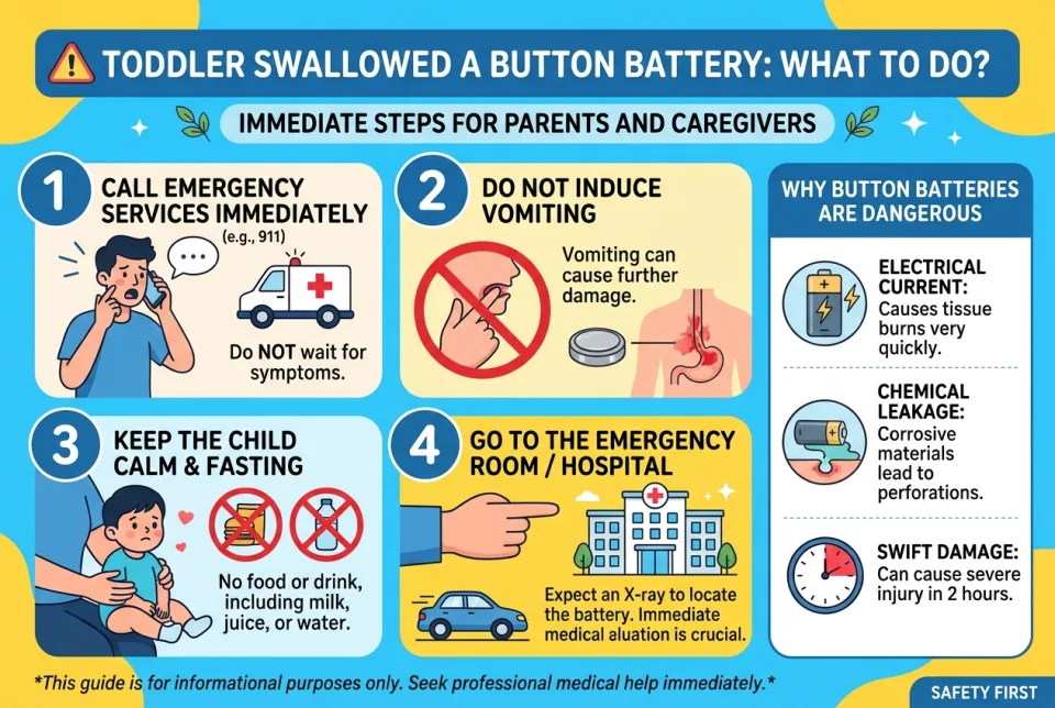Toddler swallowed a button battery: what to do?