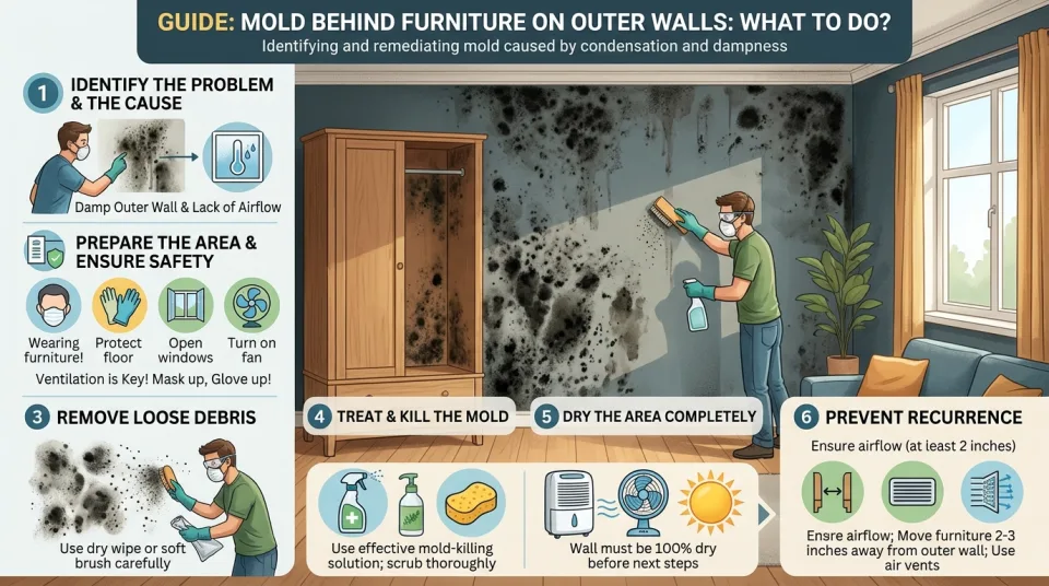 Mold growing behind furniture on outer walls: what to do?