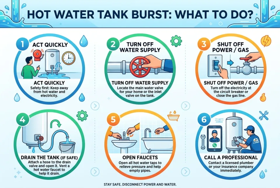 Hot water tank burst: what to do?