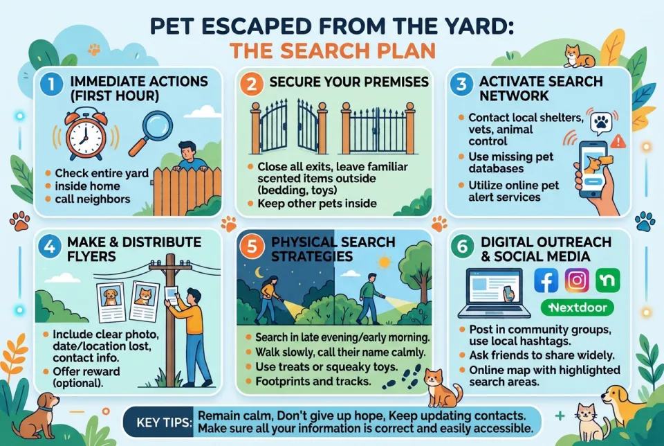 Pet escaped from the yard: the search plan