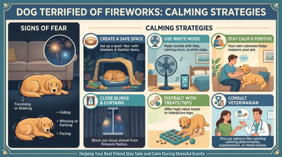 Dog terrified of fireworks: calming strategies