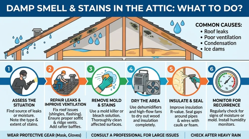 Damp smell and stains in the attic: what to do?