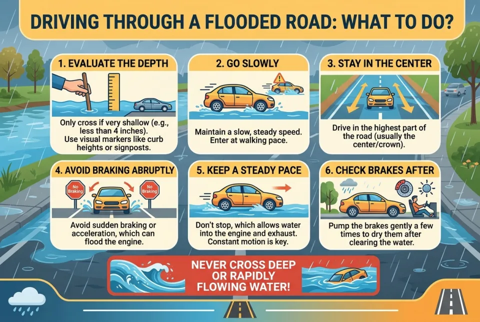 Driving through a flooded road: what to do?