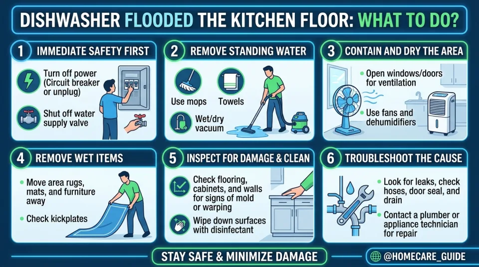 Dishwasher flooded the kitchen floor: what to do?