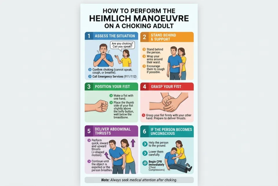 How to perform the Heimlich manoeuvre on an adult
